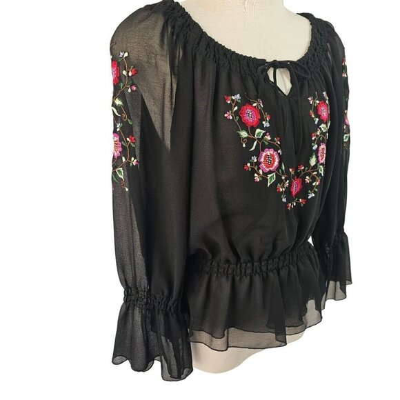 Jonathan Martin Embroidered Off Shoulder Gypsy Blouse Top Women M/L Sheer Black - Picture 7 of 9